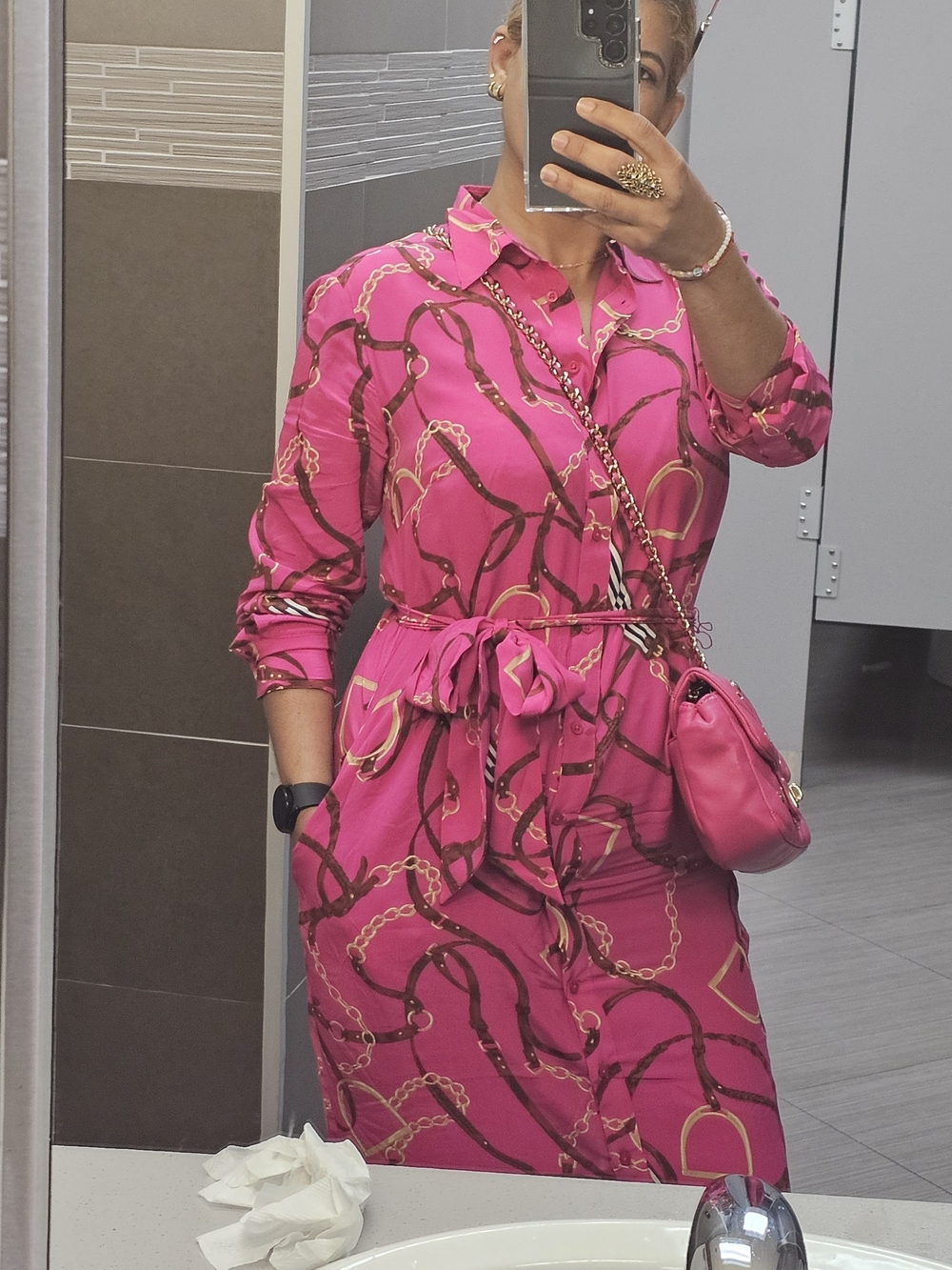 Lauren Ralph Lauren Hot Pink Chain-Print Long Sleeve Shirt Dress